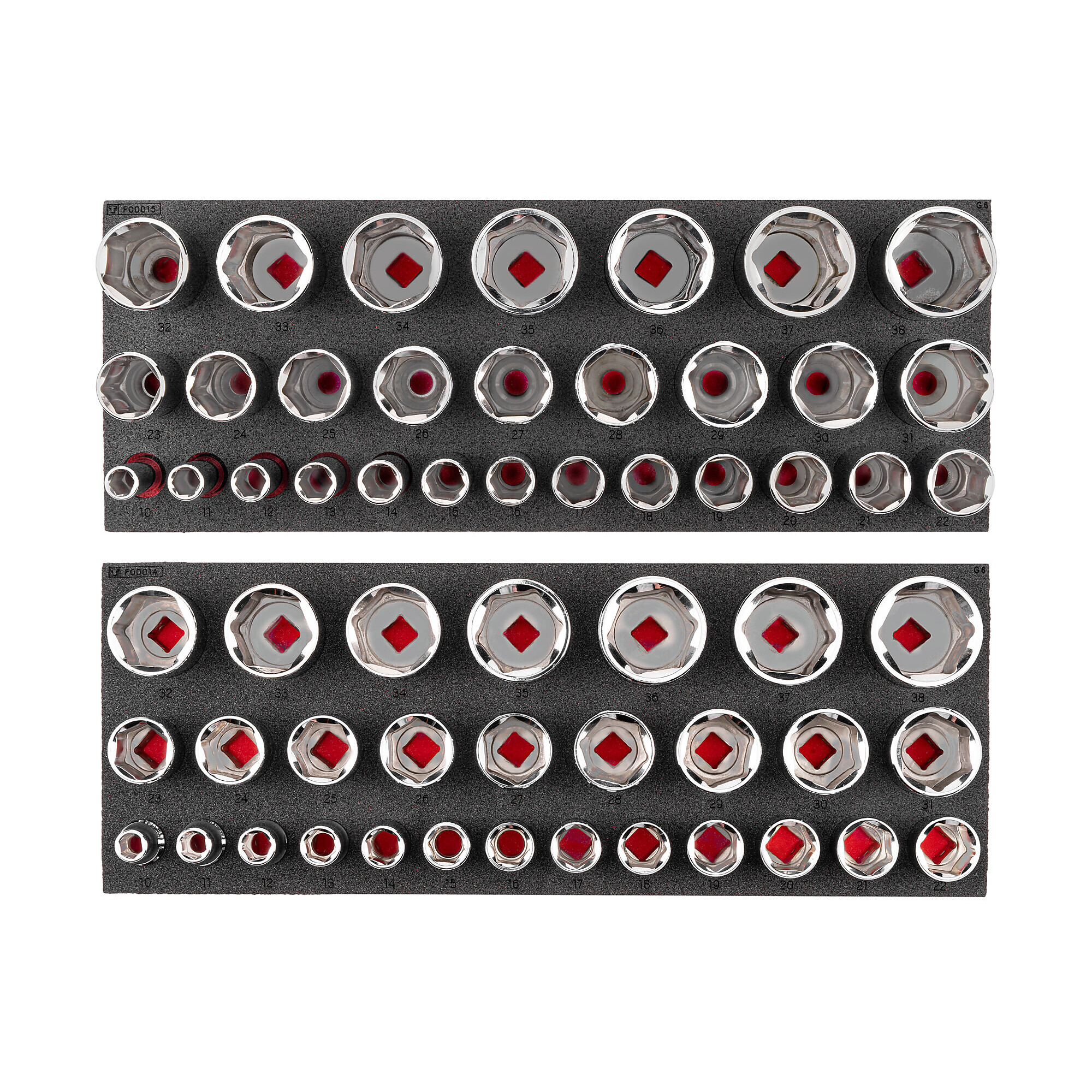 TEKTON 1/2 Inch Drive Shallow and Deep 6-Point Socket Set with 16 x 6 Inch Foam Organizers, 58-Piece (10 - 38 mm) | SHD92809